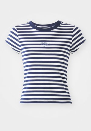 Navy and white striped t-shirt, cotton blend, short sleeves, round neckline, featuring a small embroidered Nike logo on the front.