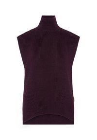 Strick-Turtleneck ärmelloses Top in tiefem Lila. Verfügt über eine gerippte Struktur und eine lässige, kastige Form. Der Saum ist mit einer subtilen Kurve abgeschlossen.