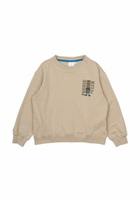 Beige sweatshirt met een ronde hals, ribgebreide manchetten en zoom. Bevat een grafisch ontwerp van "FOODIE CLUB" in donkerblauw en kleurrijke bestekontwerpen.