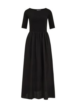 Robe maxi noire avec un corsage côtelé ajusté et des manches courtes, dotée d'une jupe fluide et froncée. Confectionnée dans un tissu léger.