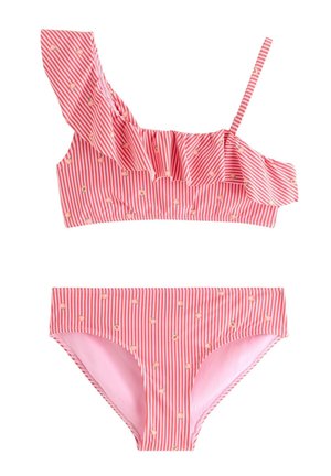 Lyserød og hvidstribet badedragt i to dele med små ferskenprint, top med rynket enkeltskulder og matchende bikiniunderdel.