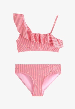 Vaaleanpunavalkoraidallinen kaksiosainen uimapuku, jossa on pieniä persikkakuvioita, yhden olkapään röyhelöpaita ja vastaavat bikinialaosat.