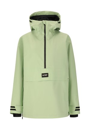 Veste de ski vert clair avec une poche avant, une fermeture éclair noire et une capuche ajustable. Présente des trous de ventilation et des accents rayés noirs et blancs.