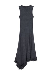 Kätseva tumehall koe kleit, millel on asümmeetriline frantsiisserv, sobiv ülaosa ja laienev seelik.