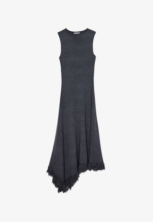 Sleeveless dark gray knit dress with asymmetrical fringed hem, fitted top, and flared skirt.