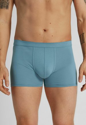 Mandlig overkrop iført lyseblå tætsiddende boksershorts, der viser maven, øverste lår og tatoverede arme mod en ensfarvet grå baggrund.