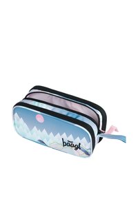 Astuccio con cerniera di colore blu con grafica montana e luna rosa. Presenta bordi neri, doppie scomparti e una fodera interna a fantasia.