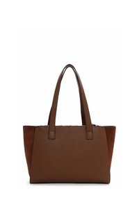 Borsa a tote in pelle marrone con due manici lunghi e pannelli laterali in suede, su uno sfondo bianco semplice.
