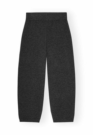 Pantalons de survêtement gris foncé en tissu doux, avec une coupe ample et une taille élastique pour le confort. Style simple et sans ornements.