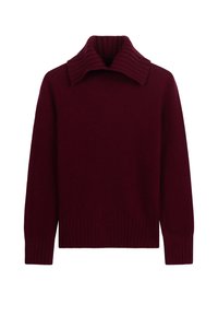 Pull-over en maille bordeaux avec large col à revers côtelé, manches longues, poignets et ourlet côtelés.