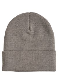 Szary dzianinowy beanie wykonany z miękkiego, elastycznego materiału. Posiada podwinięty mankiet i gładką teksturę, zaprojektowany do ściśłego dopasowania na głowie.