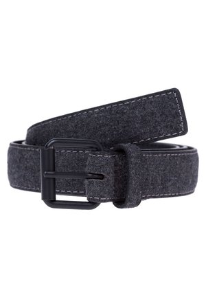 Dark gray fabric belt with visible stitching, black rectangular metal buckle, and belt loop, coiled against white background.