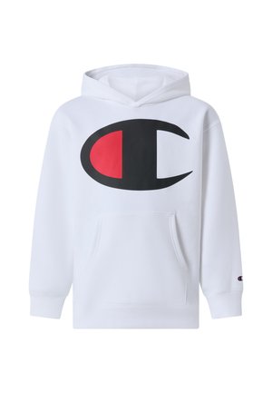 Biała bluza z kapturem z dużym czarnym i czerwonym owalnym logo na piersi oraz kieszenią kangura z przodu.