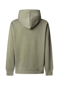 Olivno zelena jopa s kapuco, izdelana iz mehke tkanine. Ima sproščen kroj z rebrastimi manšetami in robom, brez vidnih vzorcev ali detajlov.