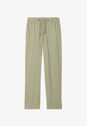 Hellgrüne, leichte Stoffhose mit elastischem Bund und Kordelzug. Gerade Beine ohne sichtbare Muster oder Verzierungen.