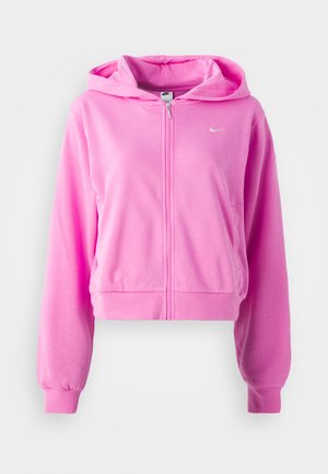 Rosa cropped hoodie med lynlås foran, hætte og elastiske manchetter. Udstyret med et lille hvidt logo på brystet og blødt stof. 