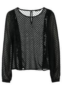 Sort langærmet bluse lavet af gennemsigtigt stof, prydet med polka dots, flæse detaljer langs forsiden og en nøglehul-udskæring.