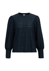 Blouse en dentelle bleu marine avec de longues manches bouffantes, encolure ronde et motif diamant complexe. Surface texturée avec une légère transparence.