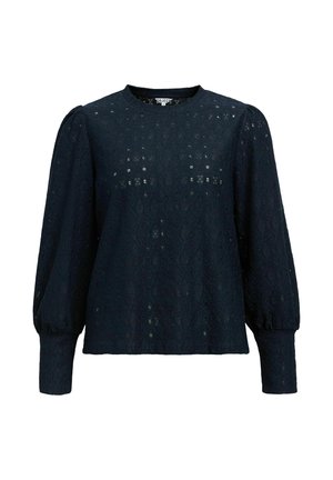 Marineblaue Spitzenbluse mit langen, aufgebauschten Ärmeln, rundem Ausschnitt und einem komplexen Diamantmuster. Strukturierte Oberfläche mit leichtem Durchschein.