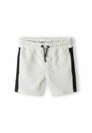 Shorts en mélange de coton blancs avec une taille élastique et un cordon de serrage, présentant des panneaux latéraux noirs et deux poches avant.