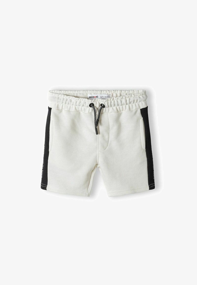 Pantaloni corti bianchi in misto cotone con vita elasticizzata e cordino, dotati di pannelli laterali neri e due tasche frontali.