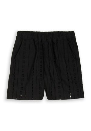 Black elastic-waist shorts with vertical perforated stripes and side pockets, made from lightweight, breathable fabric.