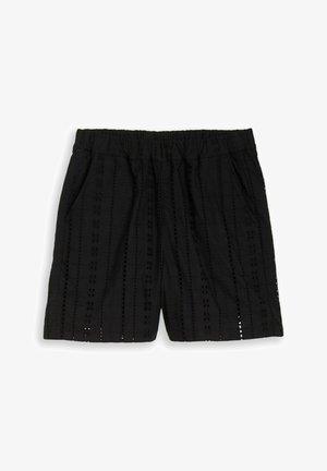 Zwarte shorts met elastische taille, verticale geperforeerde strepen en zijzakken, gemaakt van licht, ademend materiaal.