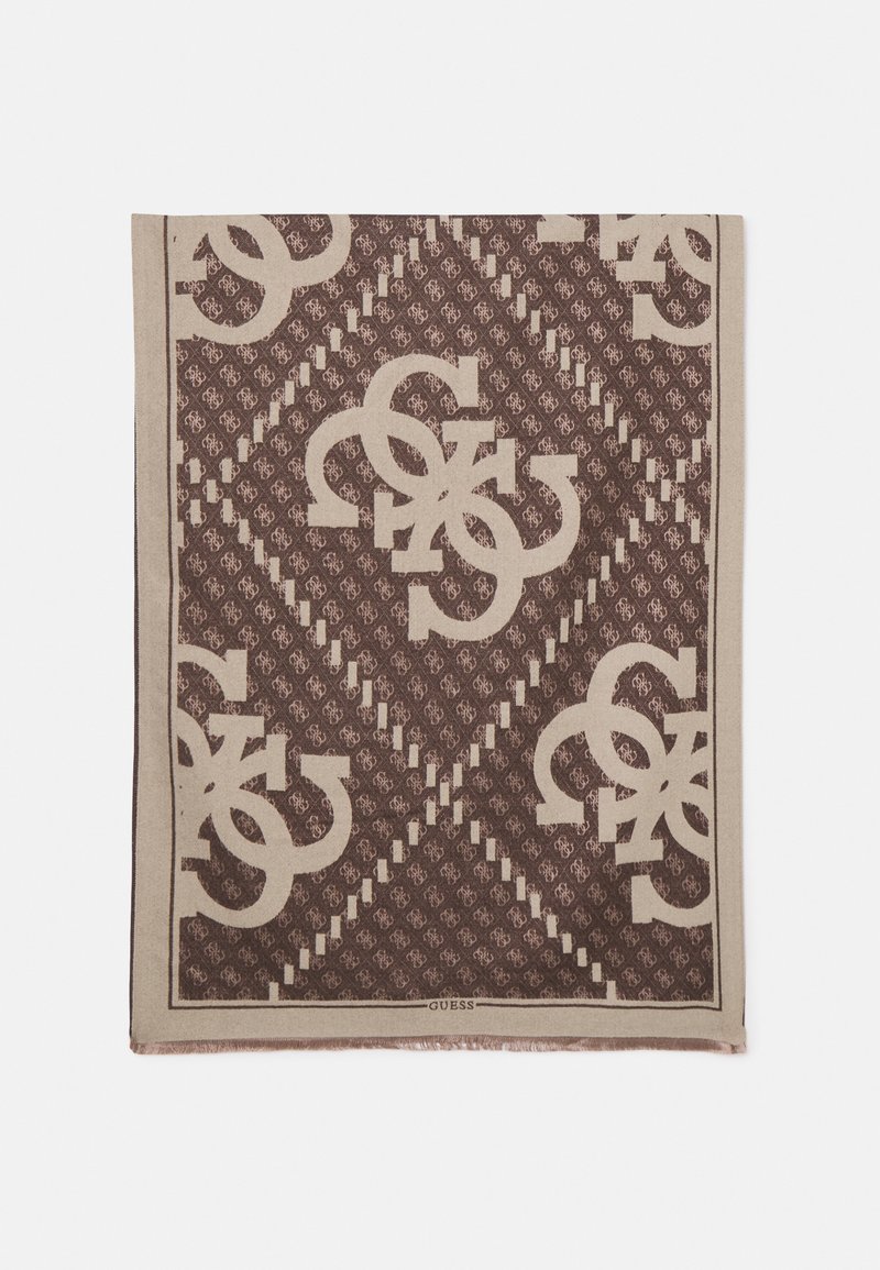 Brown scarf featuring a geometric pattern with light beige logos. Edges are finished with fringing. Textured fabric, rectangular shape.