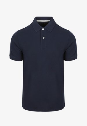 Navyblauwe polo shirt in een katoenmix, met een klassieke kraag, drieknoopsluiting en korte mouwen. Glad textuur zonder patronen.