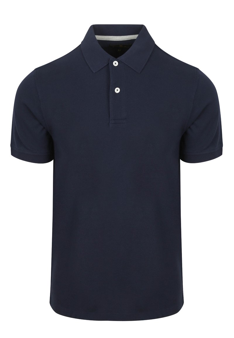 Navyblauwe polo shirt in een katoenmix, met een klassieke kraag, drieknoopsluiting en korte mouwen. Glad textuur zonder patronen.