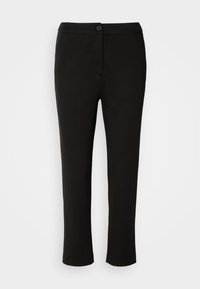 Pantalon noir slim avec fermeture bouton et zip, longueur cheville, présenté à plat sur fond blanc.