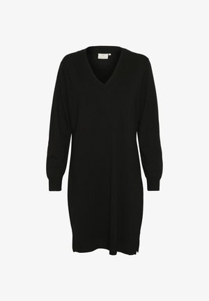 Černé šaty s V-výstřihem a dlouhými rukávy, vyrobené z měkké tkaniny. Mají volný střih a žebrované manžety, s bočními rozparky pro pohodlnější pohyb.
