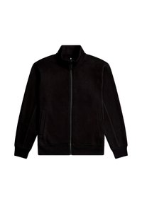 Zwarte jas met rits, gemaakt van zacht materiaal. Heeft een hoge kraag, twee voorzakken en geribbelde manchetten. Minimalistisch ontwerp met subtiele branding.