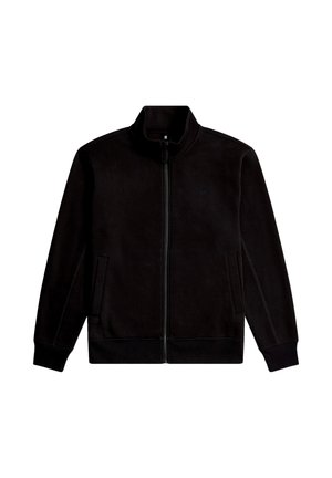 Zwarte jas met rits, gemaakt van zacht materiaal. Heeft een hoge kraag, twee voorzakken en geribbelde manchetten. Minimalistisch ontwerp met subtiele branding.