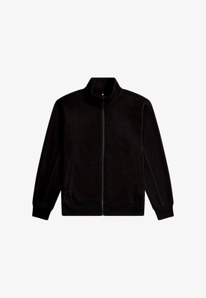 Zwarte jas met rits, gemaakt van zacht materiaal. Heeft een hoge kraag, twee voorzakken en geribbelde manchetten. Minimalistisch ontwerp met subtiele branding.