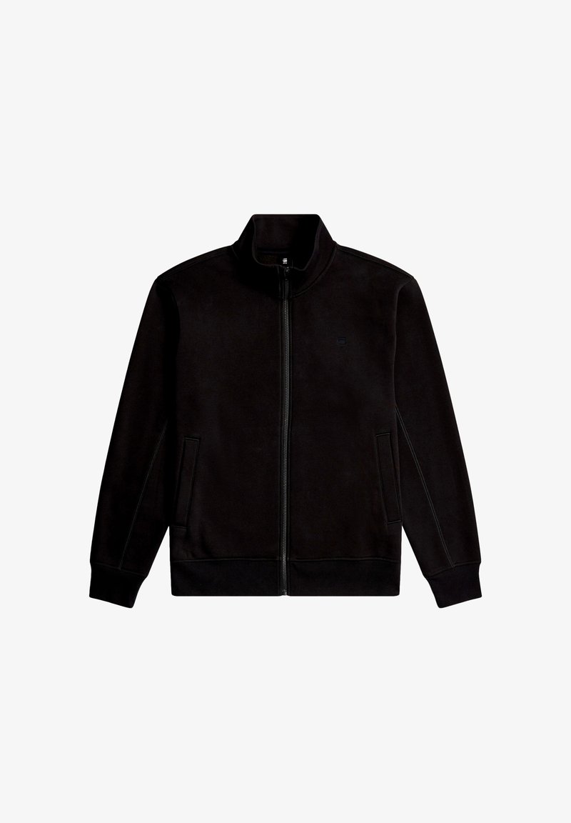 Giacca nera con zip realizzata in materiale morbido. Presenta un colletto alto, due tasche anteriori e polsini a coste. Design minimalista con marchio discreto.