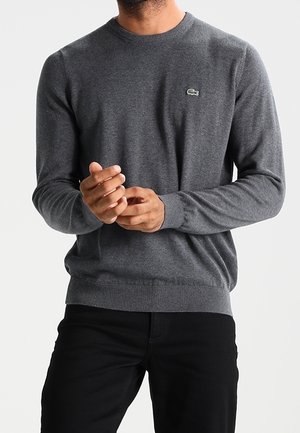 Homme portant un pull gris ajusté à manches longues avec un petit logo vert de crocodile sur la poitrine et un pantalon noir, mains jointes.