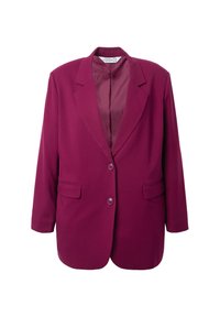 Blazer magenta con rever a punta, due tasche frontali e chiusura con un solo bottone. Tessuto liscio con una silhouette strutturata.