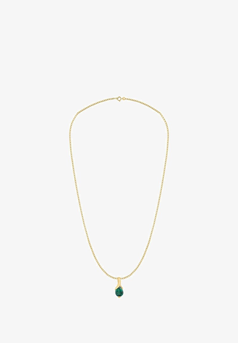 Collar de cadena de metal dorado con un colgante en forma de lágrima de piedra preciosa verde, diseñado con un acabado suave y detalles decorativos sutiles.