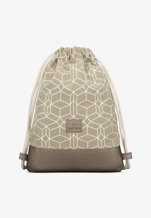 Beiger Kordelrucksack mit weißem geometrischem Würfelmuster, braunem Boden, cremefarbenen Kordeln und einem kleinen "Johnny Urban"-Label vorne in der Mitte.