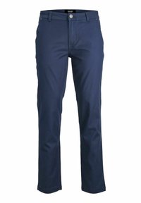 Navy blue chinos made from smooth cotton blend fabric, featuring a zip fly, two front pockets, and a classic straight-leg design.