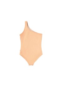 Μονοκόμματο μαγιό με ένα ώμο σε ροδακινί ύφασμα, με απαλό υφή και εφαρμοστό σχέδιο με ψηλή ανοίγμα στο πόδι. Χωρίς ορατά σχέδια.