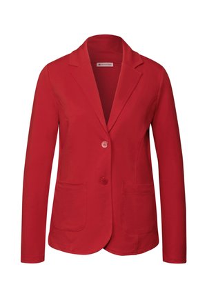 Blazer ajusté rouge en tissu extensible, avec un col à revers, fermeture à un bouton et deux poches avant. Texture lisse.