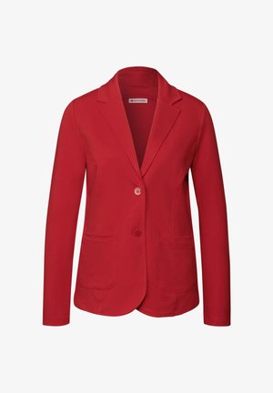 Red tailored blazer made of stretch fabric, featuring a notched collar, single button closure, and two front pockets. Smooth texture.