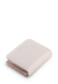 Light beige leather wallet with a smooth texture, rounded edges, and embossed logo. Features a compact design with a fold-over closure.