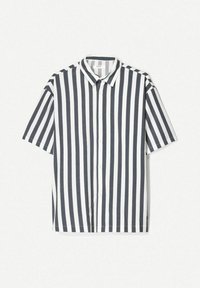 Short-sleeve button-up shirt featuring vertical black and white stripes with a classic collar and a relaxed fit. Made from lightweight fabric.