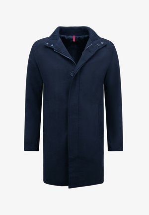 Heren lange marineblauwe jas met knoop- en ritssluiting, twee voorzakken en een geribde kraag met drukkers.