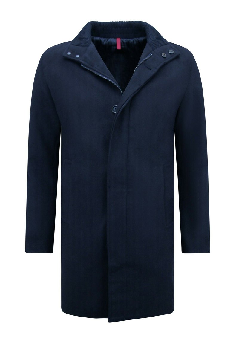 Heren lange marineblauwe jas met knoop- en ritssluiting, twee voorzakken en een geribde kraag met drukkers.
