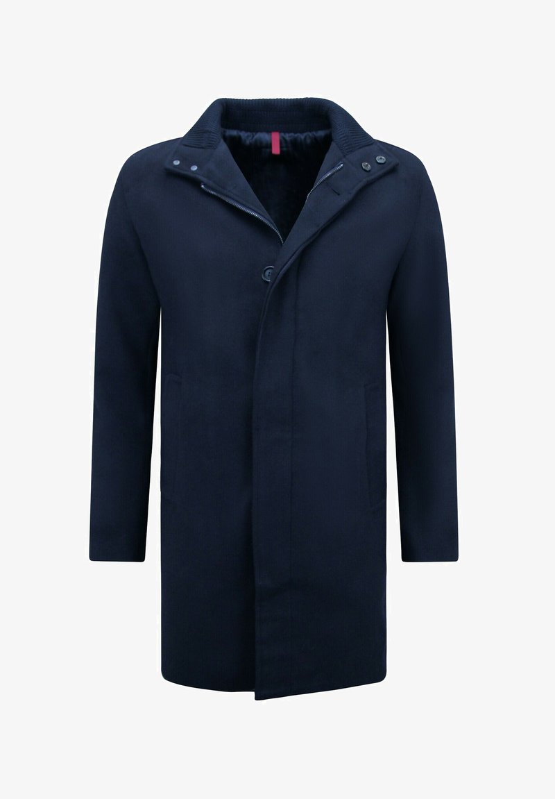 Heren lange marineblauwe jas met knoop- en ritssluiting, twee voorzakken en een geribde kraag met drukkers.