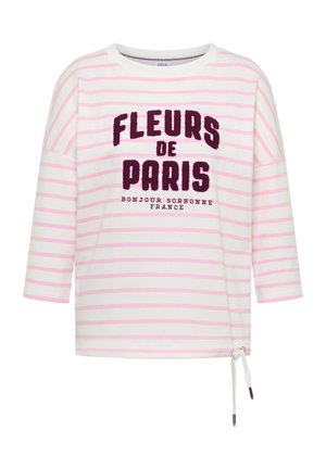 Hvid og lyserød stribet langærmet skjorte med teksten "Fleurs de Paris Bonjour Sorbonne France" og en hvid snor i siden.